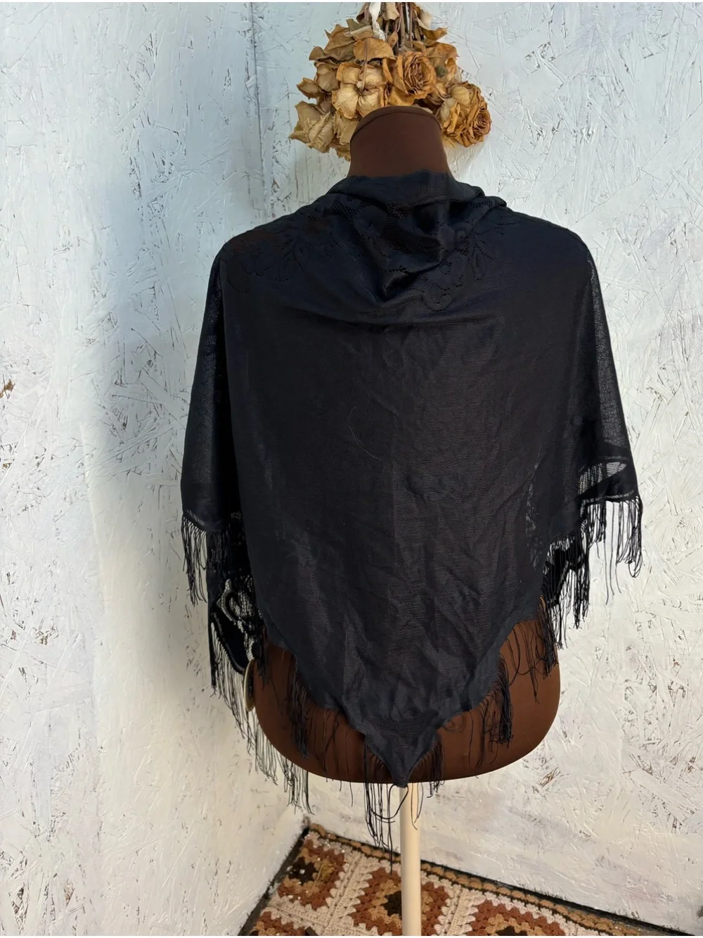 Vintage Lace Fringe Whimsigoth Floral Black Hair Hip Wrap Scarf